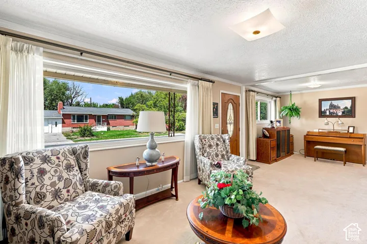 Spacious room featuring a large picture window, a paneled entry door with decorative glass, and wall-to-wall carpeting