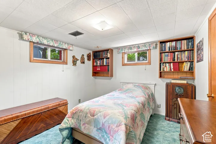 Recessed windows with wood framing, wall-mounted shelving, wood-paneled door, and ceiling tile