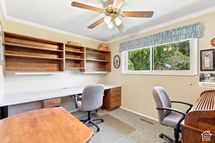 Bedroom/Office with built in desk and shelves make it an easy conversion into either!