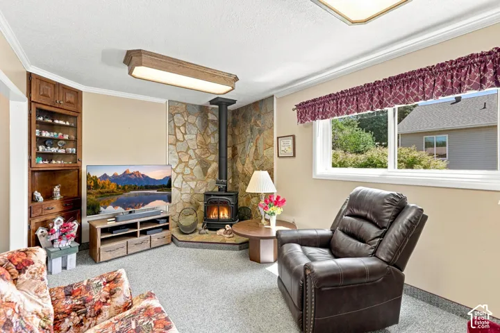 Corner stove with stone surround, built-in display cabinetry, and a large window