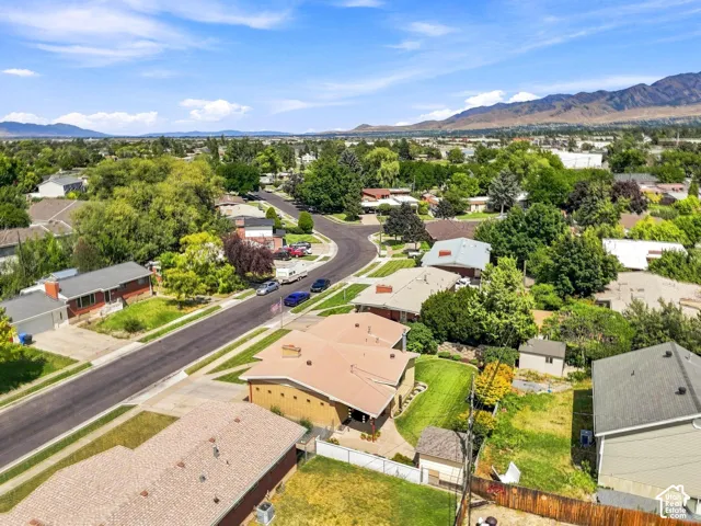 Residential street with mature trees and mountain backdrop