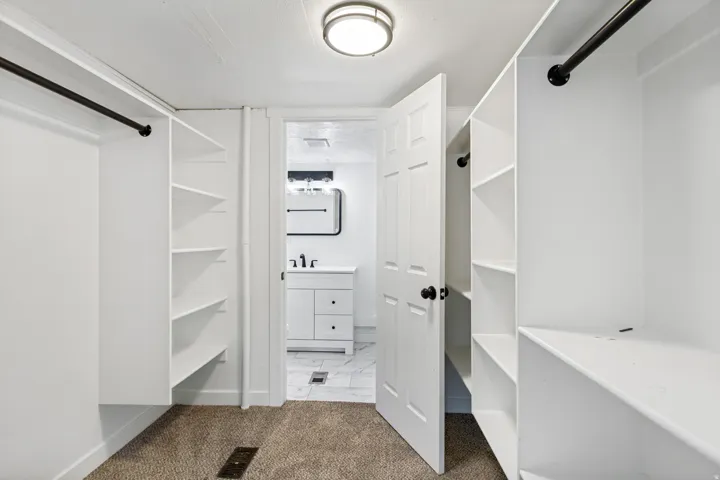 Walk-in closet with carpet flooring, built-in shelving, and black hanging rods