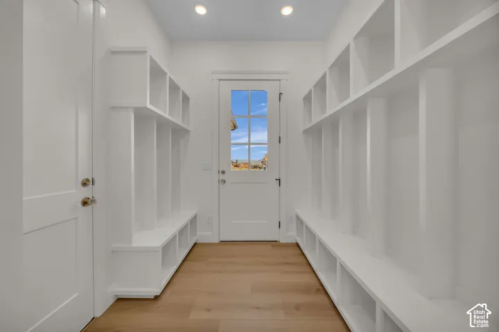 Mudroom featuring built-in white cabinetry, wood-finish flooring, recessed lighting, and a paneled entry door with glass inserts