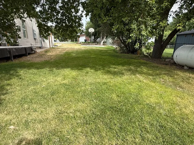 Expansive lawn area with mature trees providing shade
