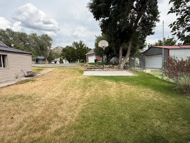Spacious backyard with mature trees, a concrete pad, and a basketball hoop