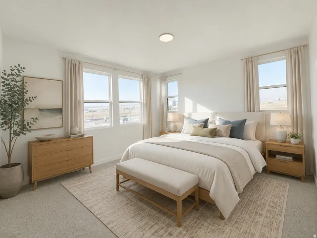 Neutral carpet flooring, multiple windows with natural light, recessed ceiling light, light-toned walls