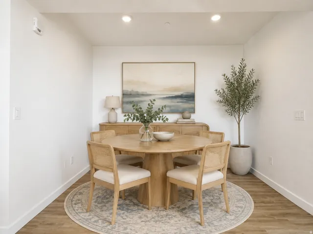 Recessed ceiling lighting illuminates the space featuring wood-finish flooring