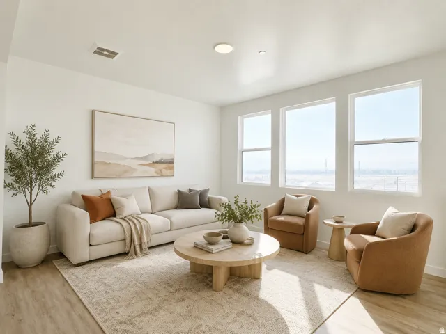High ceilings, wood-finish flooring, recessed lighting, and a row of tall windows