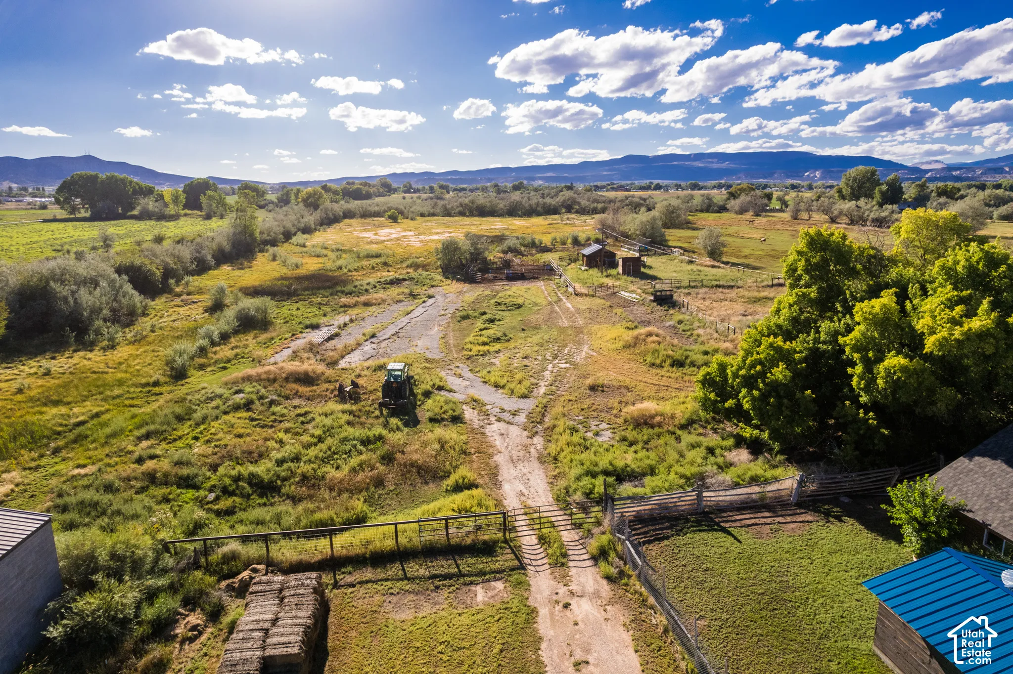 Expansive rural property featuring a vast open field, two rustic outbuildings, and mature trees
