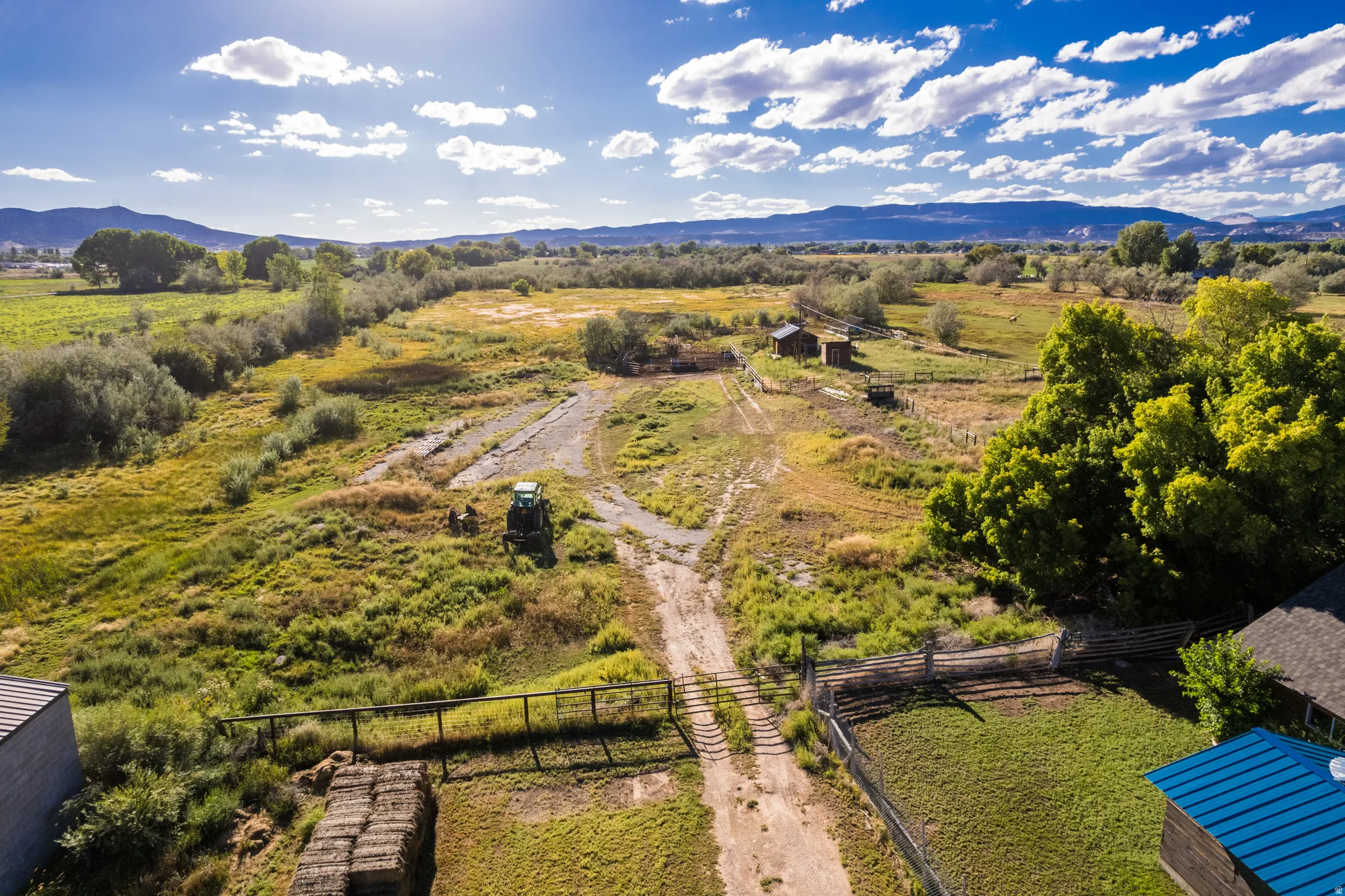 Expansive rural property featuring a vast open field, two rustic outbuildings, and mature trees