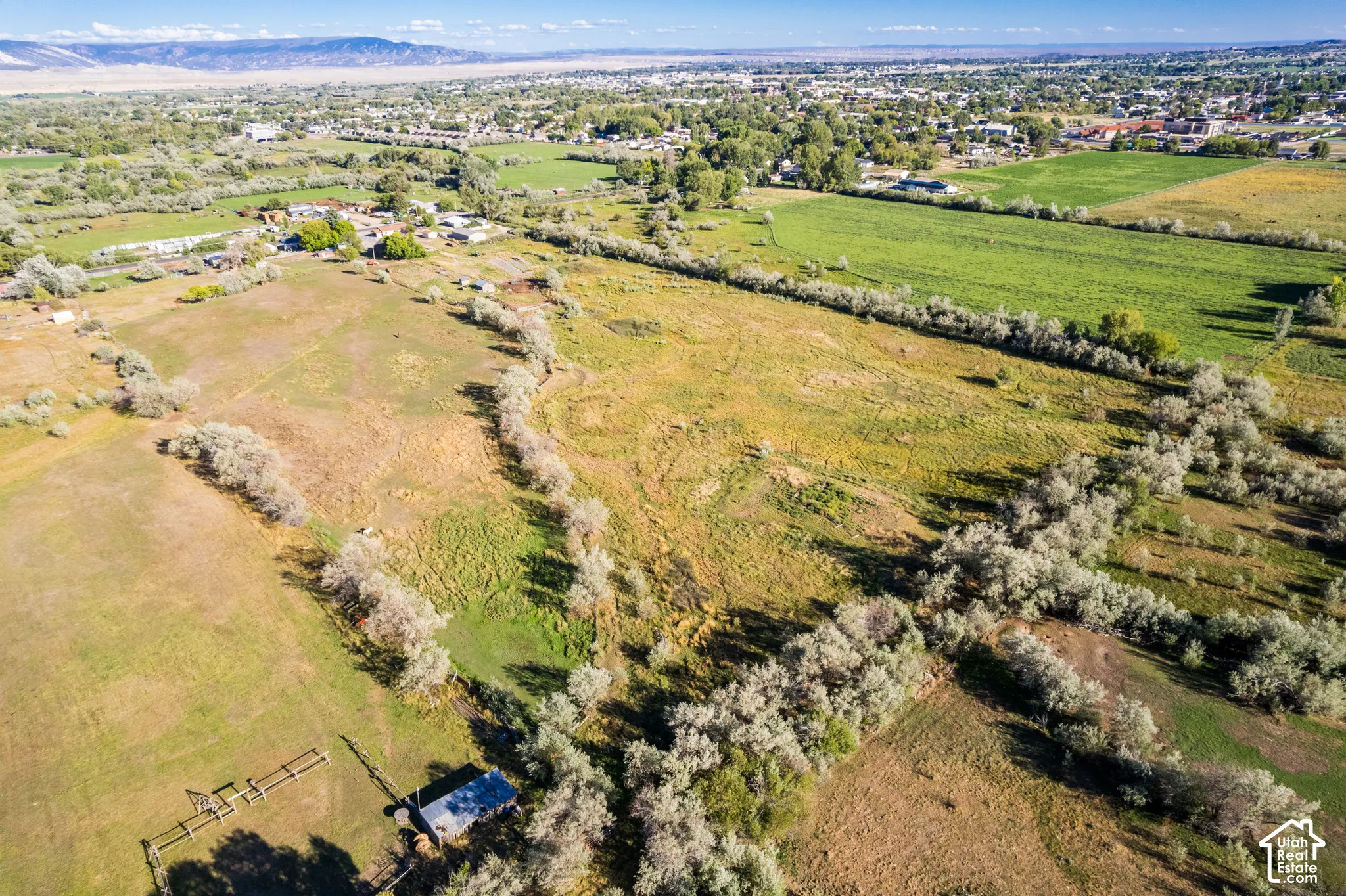 Expansive land parcel featuring varied terrain, mature tree lines, and a distant mountain range