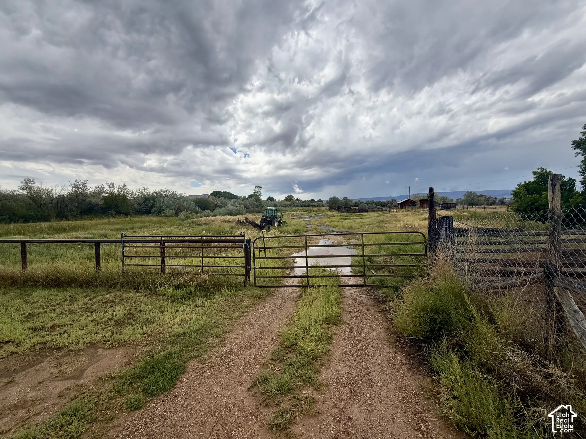 Gravel driveway entry with a metal gate, leading to an expansive undeveloped parcel featuring natural vegetation and distant structures