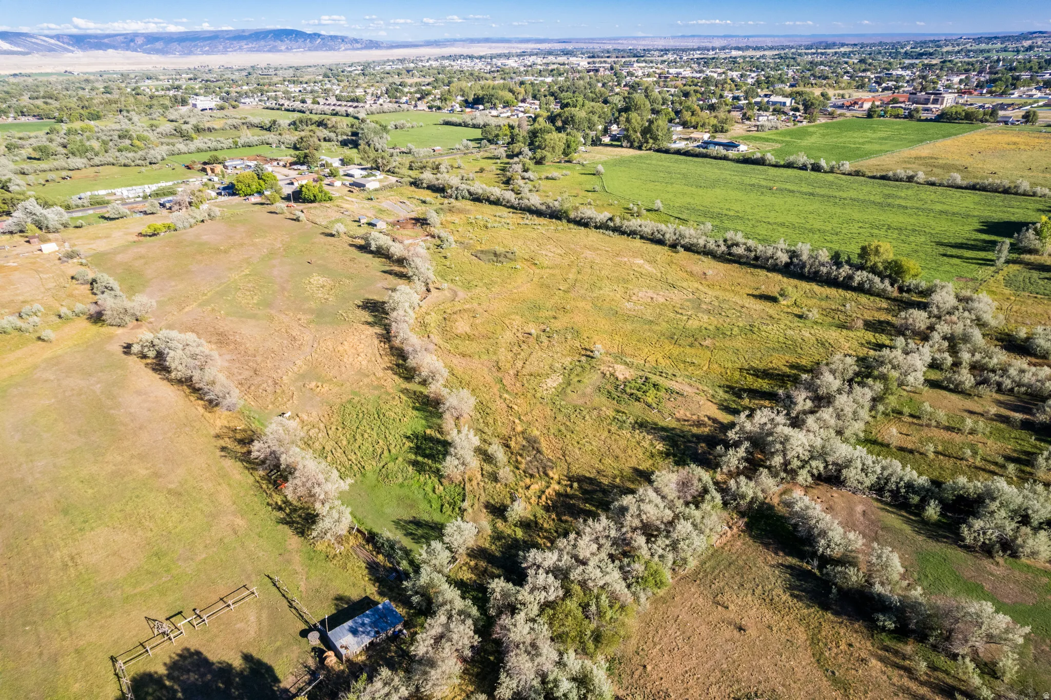 Expansive rural landscape featuring fields, mature trees, and distant residential structures