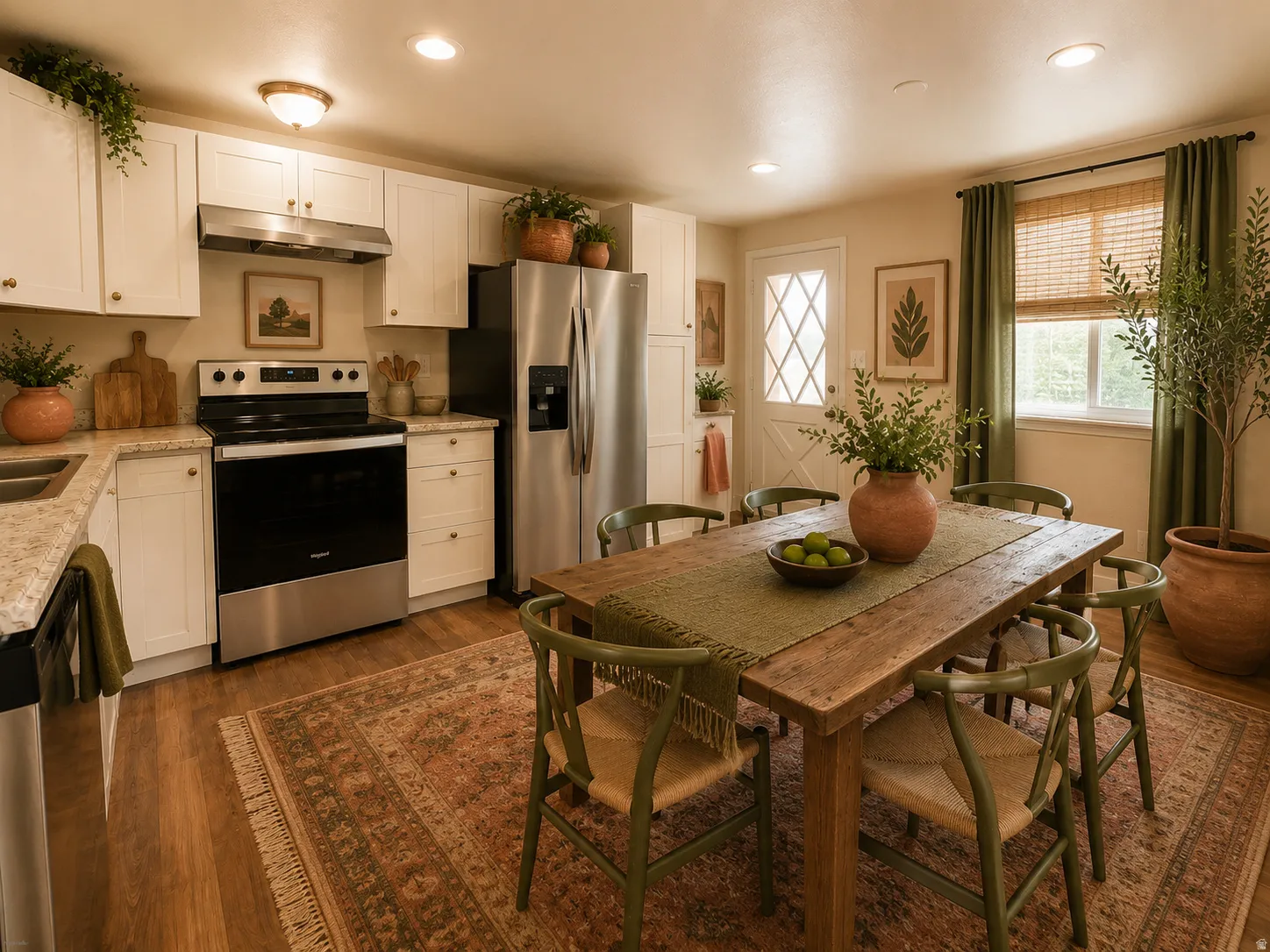 Kitchen featuring white cabinetry, stainless steel appliances, wood-finish flooring, recessed lighting, and a diamond-pane door. Virtually staged.