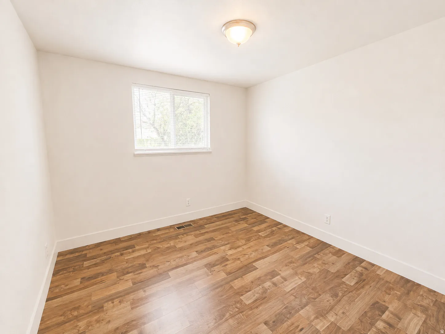 Neutral wall palette, wood-finish flooring, single window with blinds, and flush-mount ceiling light