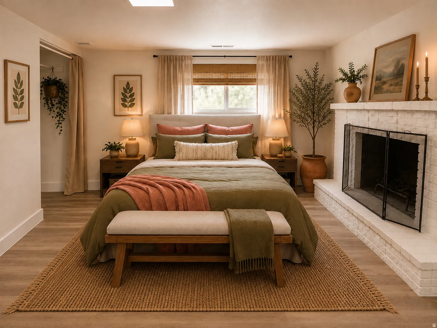 Whitewashed brick fireplace with a hearth, wood-finish flooring, and a built-in closet with drapery. Virtually staged.