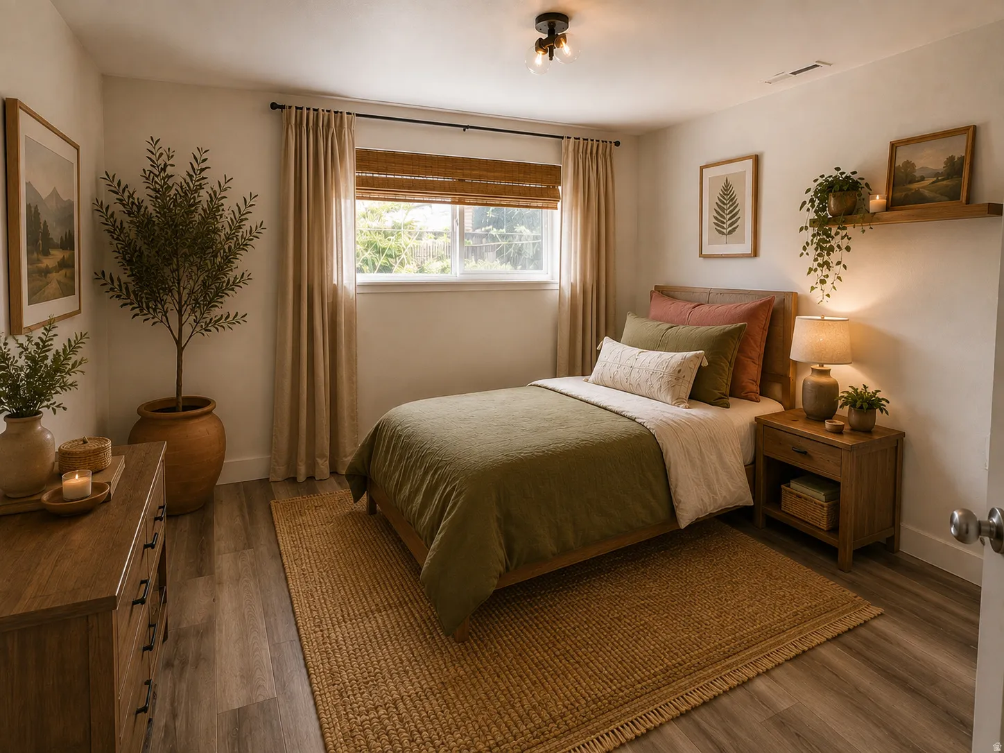 Recessed window with bamboo blind and drapes, wood-finish flooring, wood-tone dresser, ceiling-mounted light fixture, and wood headboard