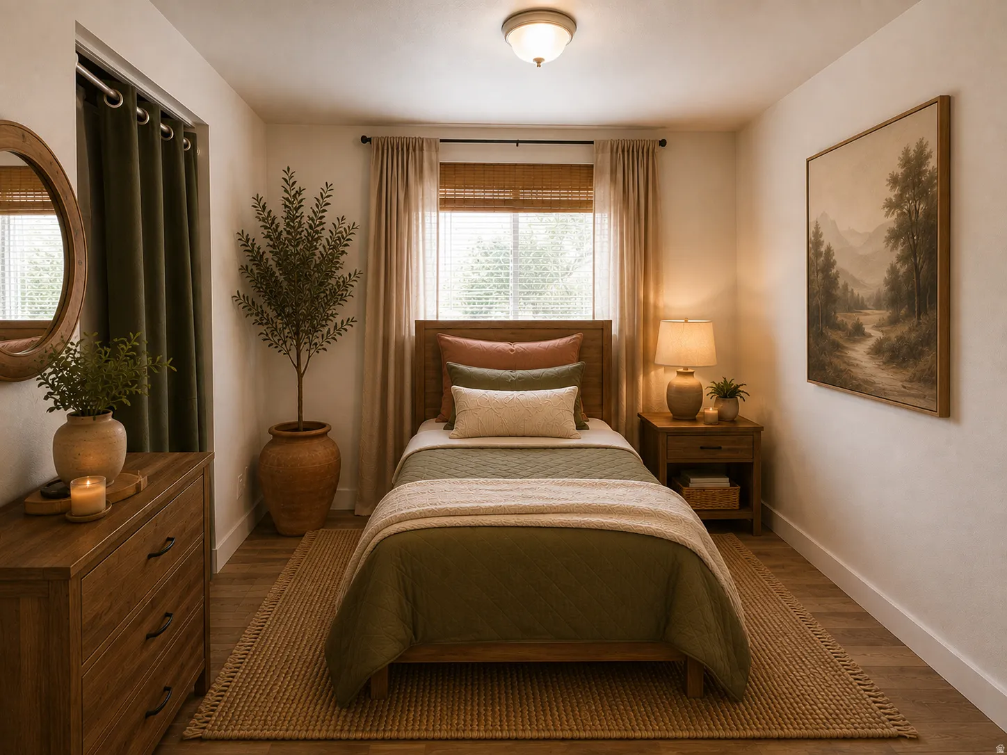 Wood-finish flooring, recessed lighting, and a built-in closet with drapery