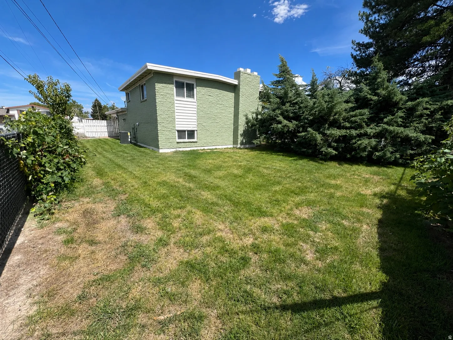 Expansive yard featuring mature evergreen landscaping, a white picket fence, and chain-link fencing