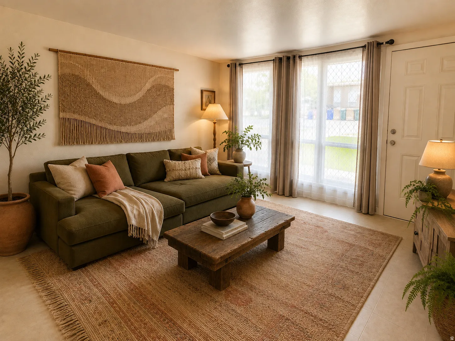 Bright living space featuring a white paneled entry door and multiple large windows. Virtually staged.