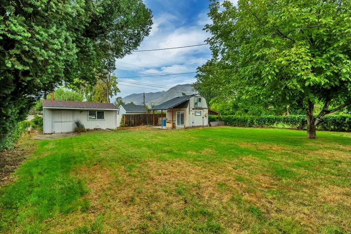 Expansive grassy yard with mature trees and a detached structure featuring a covered porch