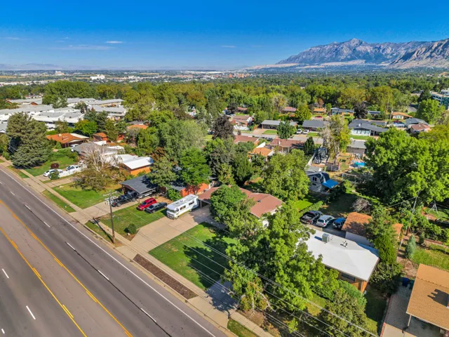 Residential neighborhood with established trees and a distant mountain range