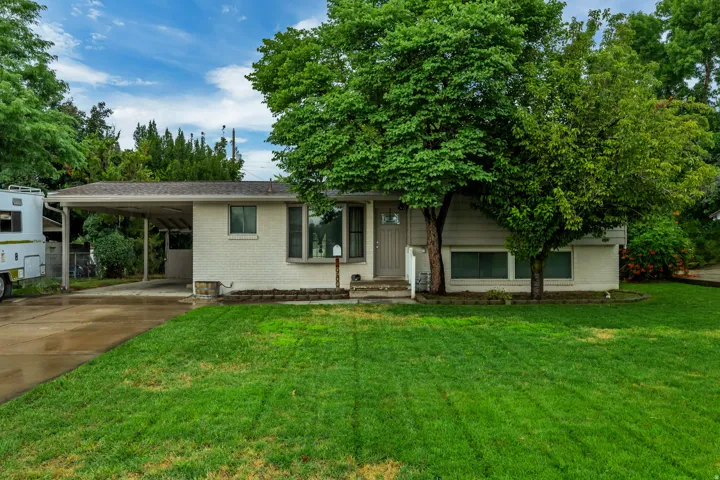 Exterior featuring a covered carport, established front lawn, and mature trees