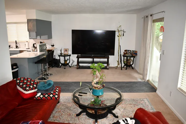 Open-concept living area with neutral carpeting and direct patio access