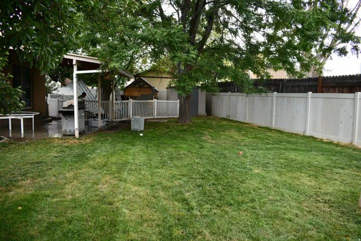 Expansive backyard featuring a manicured lawn, established shade trees, and a white privacy fence