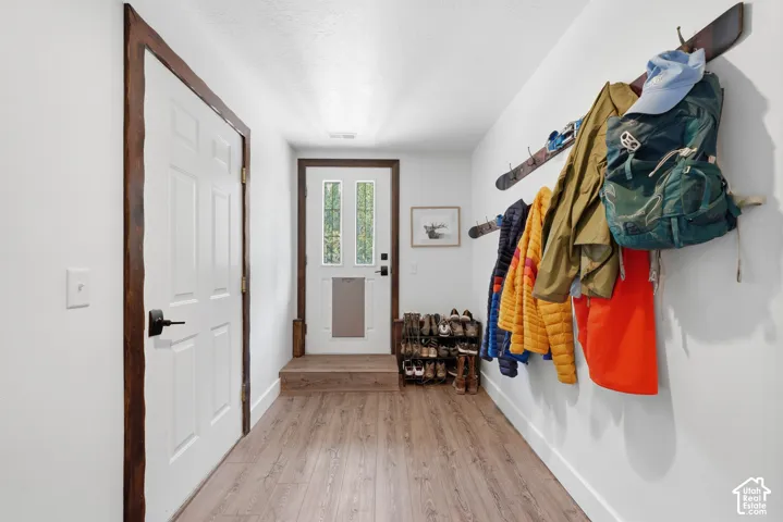 Wood-finish flooring, white walls, and a white paneled door with dark trim