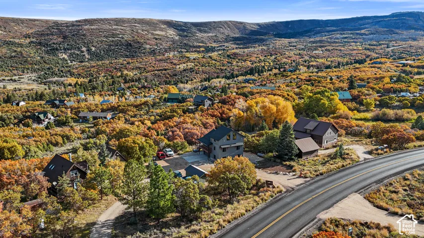 Mountainous terrain with natural landscaping, a paved road, and scattered residential properties