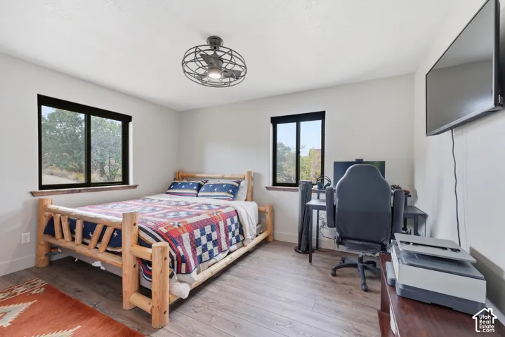Wood-finish flooring, dual windows with dark trim, a ceiling-mounted caged light fixture, and a wall-mounted television