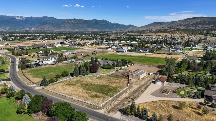 Expansive property featuring a paved road, mature trees, open fields, and mountain backdrop