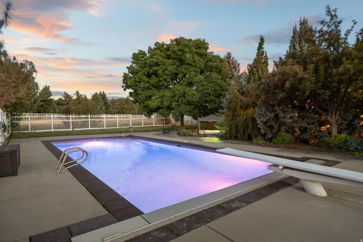Illuminated resort-style swimming pool featuring a rectangular design with integrated lighting, surrounded by concrete decking and equipped with a diving board