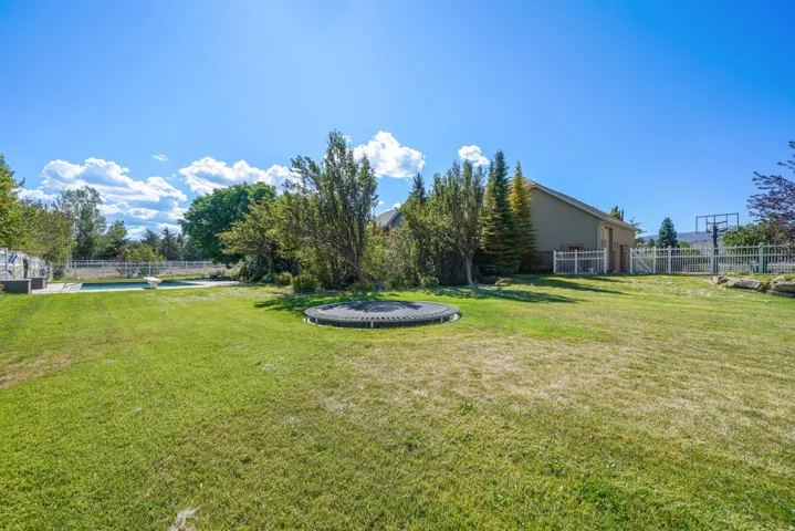 Expansive backyard featuring a green lawn, built-in swimming pool, and mature trees