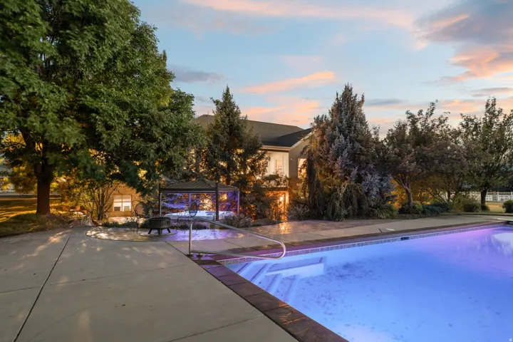Resort-style pool with integrated steps, surrounded by a concrete patio and mature trees