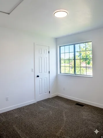 Wall-to-wall carpeting, paneled interior door with matte black hardware, double-paned window with grid, and ceiling-mounted light fixture
