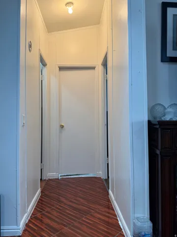 Wood-finish tile flooring throughout the hallway