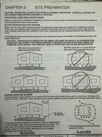 Site Preparation document, Chapter 3. Detailing requirements for structural, wind, climatic zones, water drainage, and site grading for the property