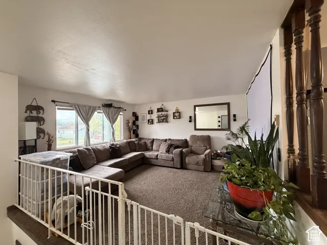 Expansive carpeted living area featuring multiple windows, a large wall-mounted screen, and a wooden banister