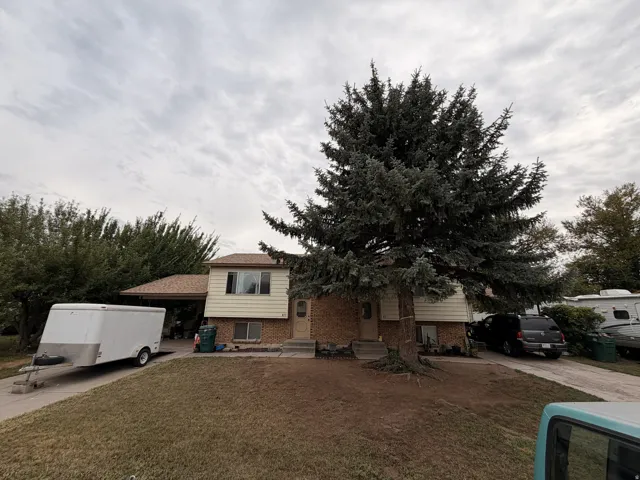Split-level residence featuring a brick and siding exterior, front lawn, mature evergreen tree, and an attached carport