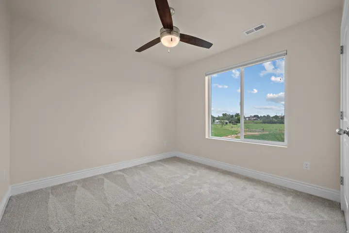 Neutral toned walls, light gray carpeting, ceiling fan with integrated lighting, and a large window