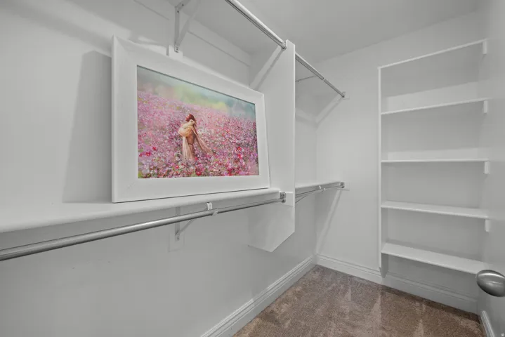 Built-in shelving, multiple hanging rods, and neutral carpeting