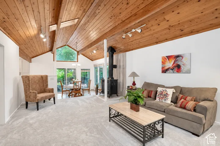 Vaulted wood-finish ceilings with exposed beams, skylights, and track lighting, wood burning stove, natural light, new carpet and paint