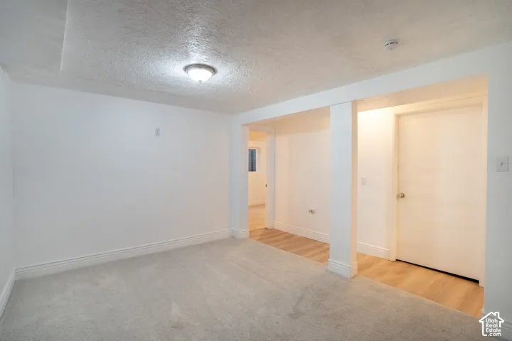 Plush carpeting, recessed lighting, and light wood-finish flooring