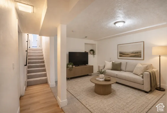 Basement living room digitally staged