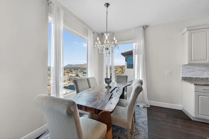 Expansive windows with mountain scenery, dark wood-finish flooring, white cabinetry, and mosaic tile backsplash