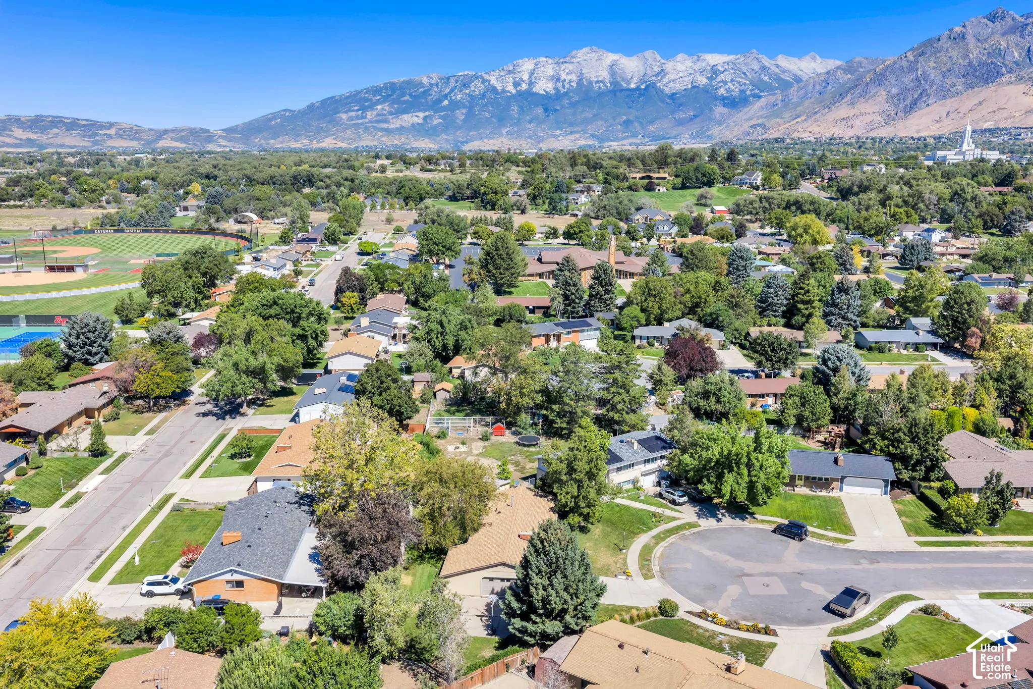 Residential neighborhood featuring mature trees and mountain backdrop