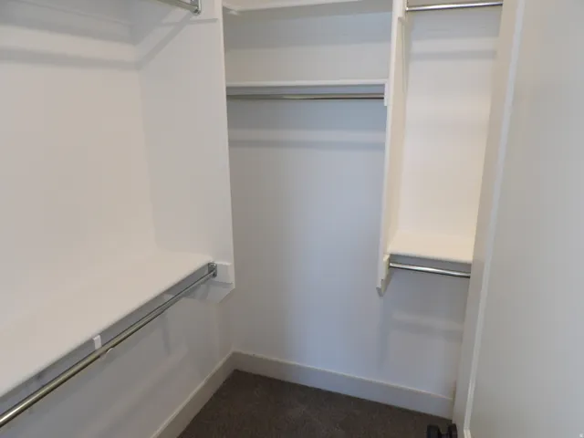White built-in shelving, multiple hanging rods, and dark gray carpeted flooring