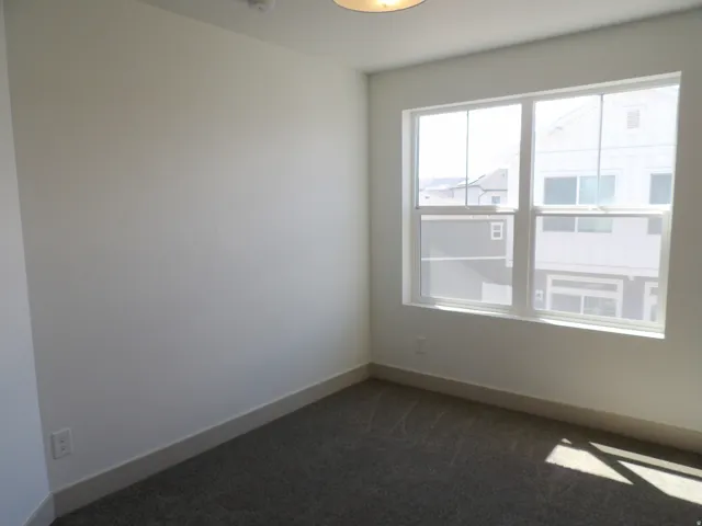 Textured carpeting and a large window with white framing